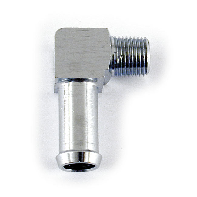 Oil line fitting, 90 degree. 1/8"-27 NPT to 3/8". Chrome