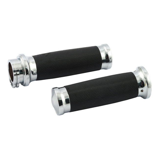 Handlebar grip set, Caliber. Chrome — 74-22 H-D with single or dual throttle cables (Excl. Street) (NU)