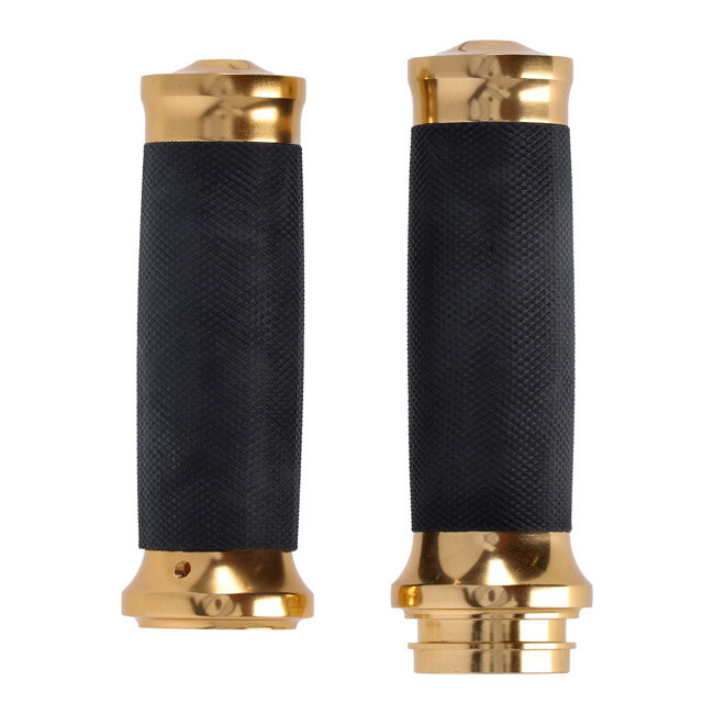 Handlebar grip set, Caliber. Gold — 08-25 H-D with e-throttle (excl. 2025 Softail; 11-17 Softail CVO models; 23-25 FLHXSE; 24-25 FLHX; 2025 FLHXU; 24-25 FLTRX; 18-25 FLTRXSE; 24-25 FLTRXSTSE; 21-25 RA Pan America & RH Sportster/Nightster models)