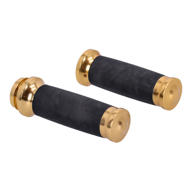 Handlebar grip set, Caliber. Gold — 08-25 H-D with e-throttle (excl. 2025 Softail; 11-17 Softail CVO models; 23-25 FLHXSE; 24-25 FLHX; 2025 FLHXU; 24-25 FLTRX; 18-25 FLTRXSE; 24-25 FLTRXSTSE; 21-25 RA Pan America & RH Sportster/Nightster models)