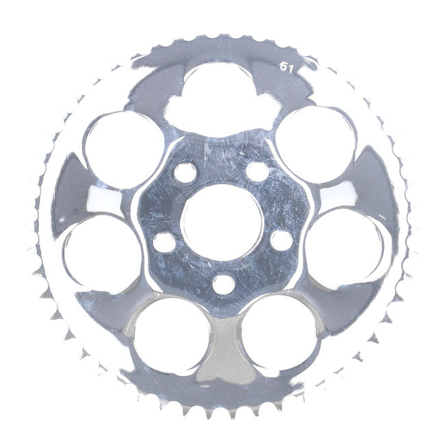 Rear sprocket, chrome. 51t — 73-85 4-speed Big Twin; 79-81 XL Sportster (NU)
