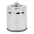 MCS, spin-on oil filter with top nut. Chrome — 84-98 Softail; 80-98 FLT; 82-94 FXR; L84-22 XL Sportster; 08-12 XR1200; 97-02 Buell (NU)