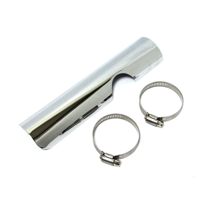 FL 2-1 exhaust header heatshield. lower right, rear. custom — Fits stock 2 in 1 exhaust systems on 70-E78 FL; 71-75 FX and all 70-84 FL models with stock crossover systems.