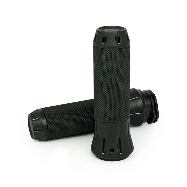 Cobra, billet aluminum grips. Black — 74-22 H-D with single or dual throttle cables (Excl. Street) (NU)