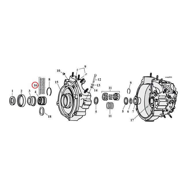 Pinion shaft (right side) crankcase/wheel rollers, +.0008"
