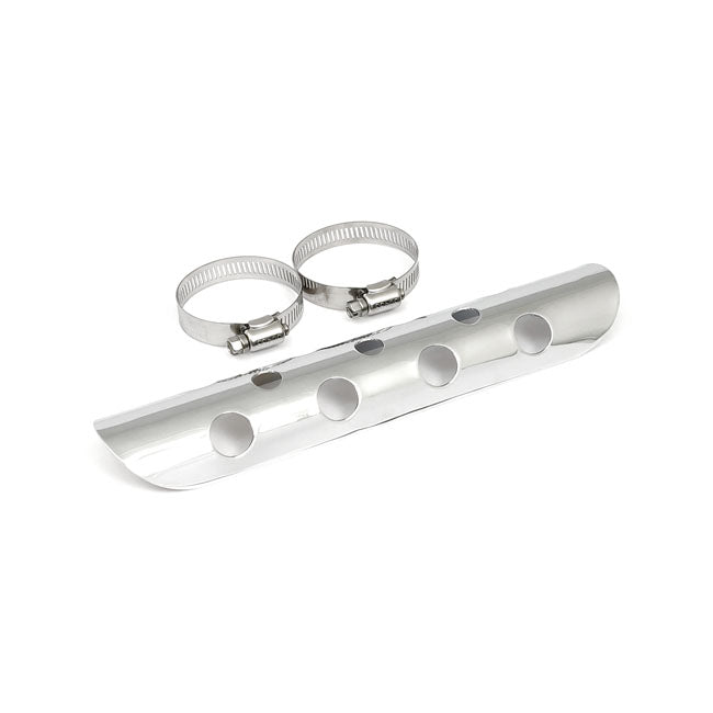 Universal bullet hole heat shield 10" long chrome — 1-3/4" exhaust pipes