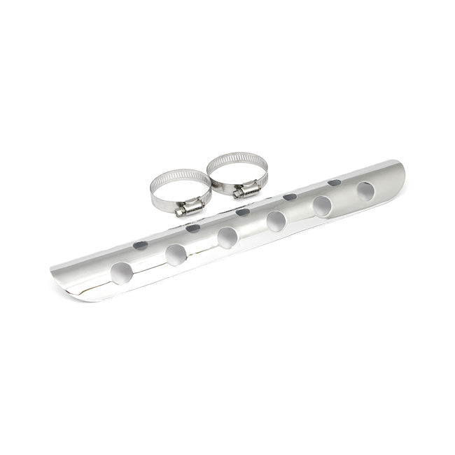 Universal bullet hole heat shield 14" long chrome — 1-3/4" exhaust pipes