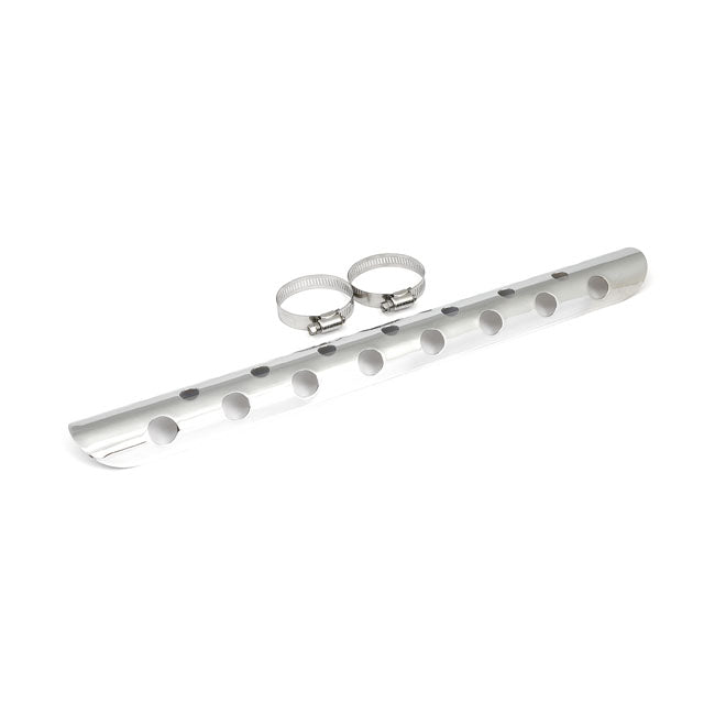 Universal bullet hole heat shield 18" long chrome — 1-3/4" exhaust pipes