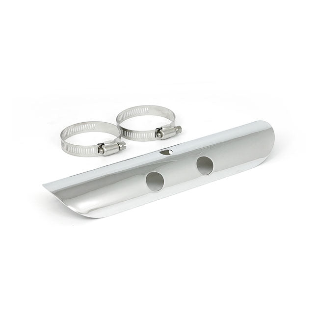 Universal bullet hole heat shield 10" long chrome — 2-1/4" exhaust pipes