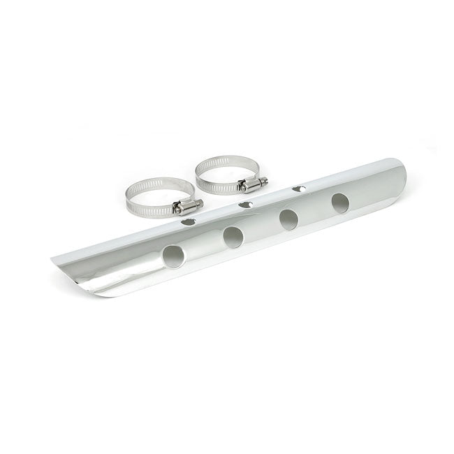 Universal bullet hole heat shield 14" long chrome — 2-1/4" exhaust pipes