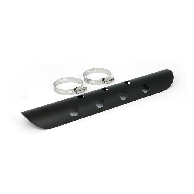 Universal bullet hole heat shield 14" long black — 2-1/4" exhaust pipes