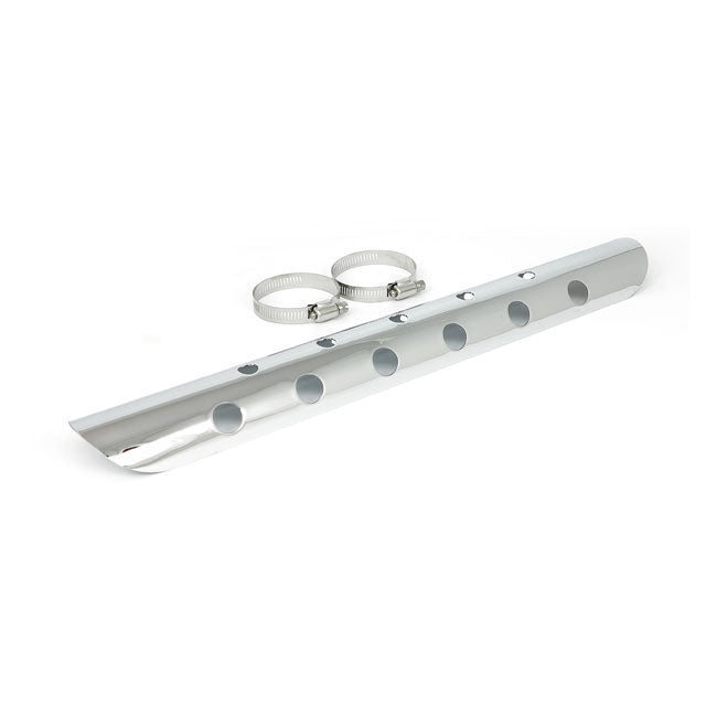 Universal bullet hole heat shield 18" long chrome — 2-1/4" exhaust pipes