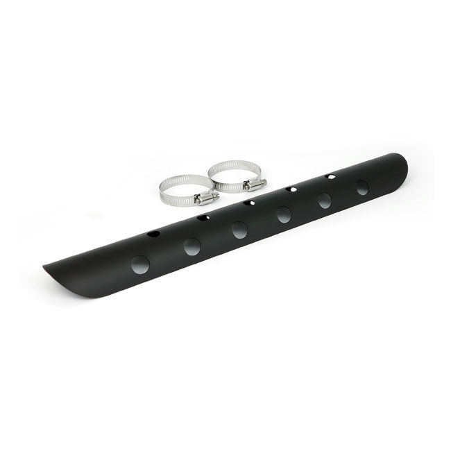 Universal bullet hole heat shield 18" long black — 2-1/4" exhaust pipes
