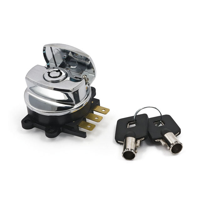 96-up ignition switch, side hinge type. Chrome — 96-10 Softail; 93-11 FXDWG; 08-11 FXDB/C/F/L; 94-13 FLHR/C (NU)