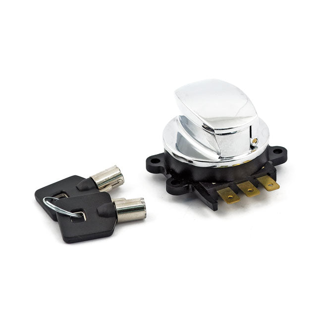 96-up ignition switch, side hinge type. Chrome — 96-10 Softail; 93-11 FXDWG; 08-11 FXDB/C/F/L; 94-13 FLHR/C (NU)