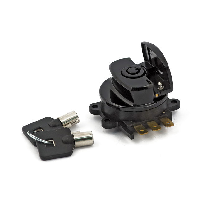 96-up ignition switch, side hinge type. Black — 96-10 Softail; 93-11 FXDWG; 08-11 FXDB/C/F/L; 94-13 FLHR/C (NU)