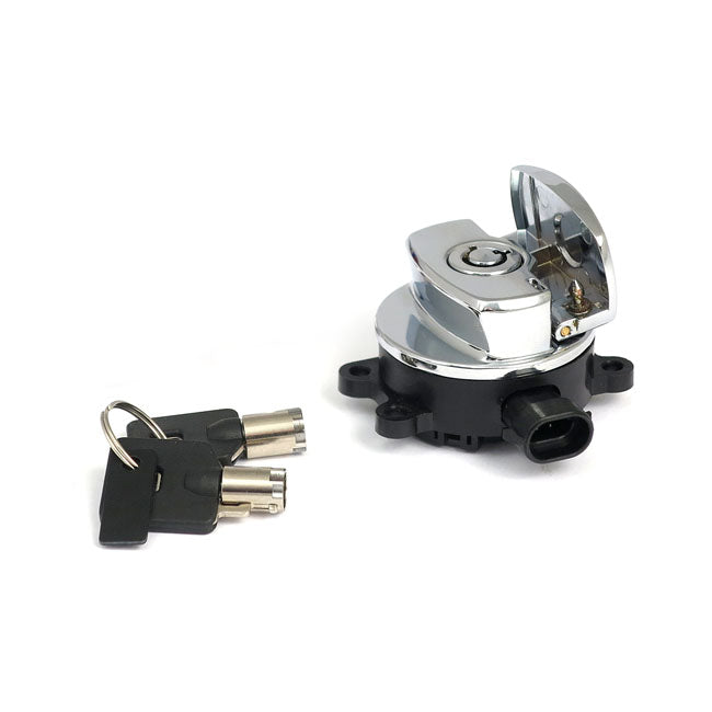 11-up ignition switch, side hinge type. Chrome — 11-15 (NU) FXST; 11-17 (NU) FLST/C/F/N; FLS/S; 14-22 (NU) FLHR/C; 17-25 FLHRXS; 13-17 (NU) FXDWG; FXDB; 15-25 FLRT Freewheeler Trike
