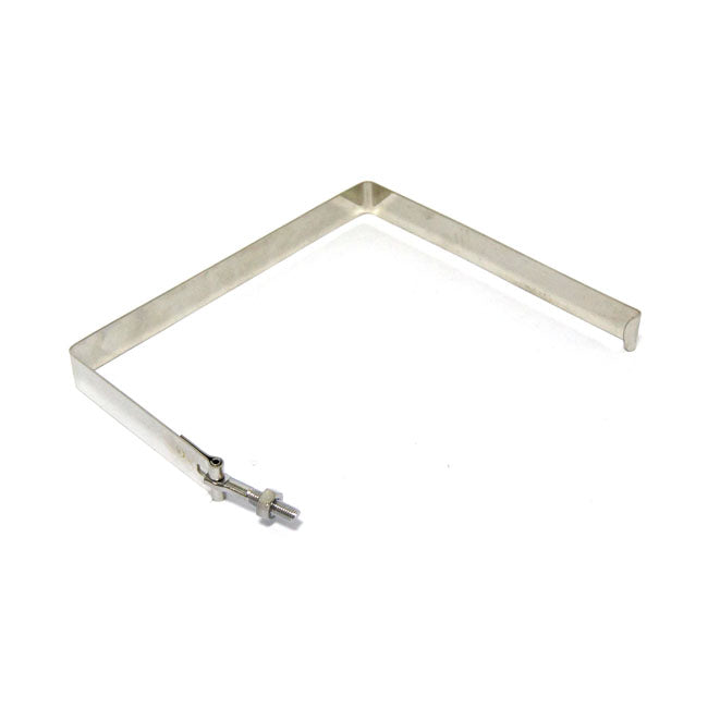 Battery hold down strap. Polished stainless — 73-86 FX models (Excl. FXR; FXST) with electric start; 82-97 XL Sportster (NU)
