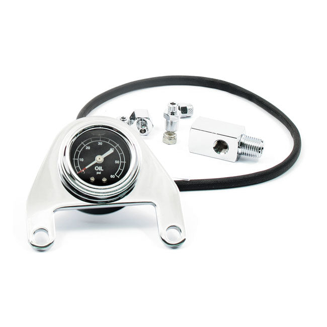 Oil pressure gauge kit rocker box, 0-60 PSI. Chrome — Twin Cam: 00-17 Softail; 99-05 Dyna; 99-05 FLHT; 99-13 FLHR (NU)