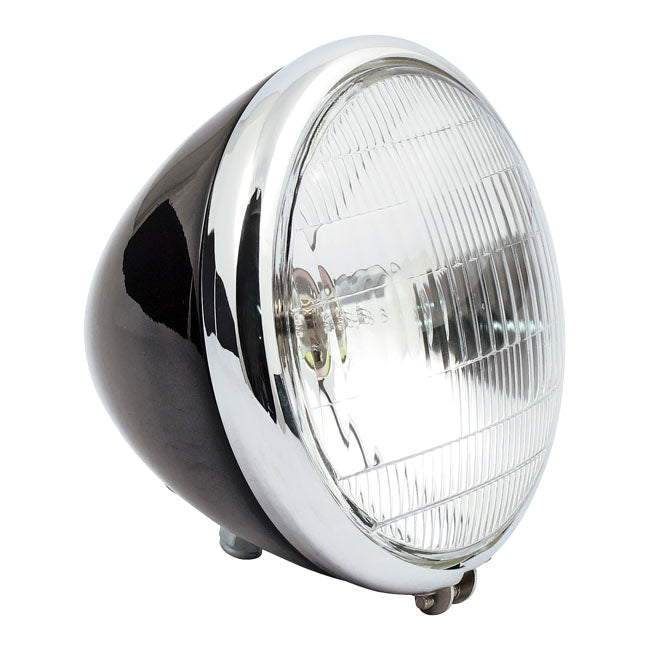 6-1/2" springer headlamp assembly. 6v. Black/chrome