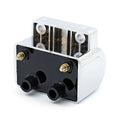 Late OEM style ignition coil. 12v, 5 ohm. Chrome