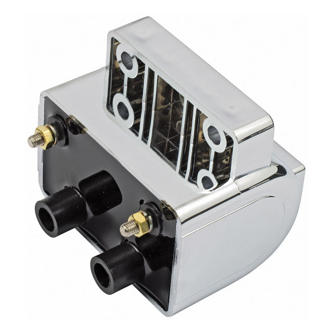 Late OEM style ignition coil. 12v, 4 ohm. Chrome