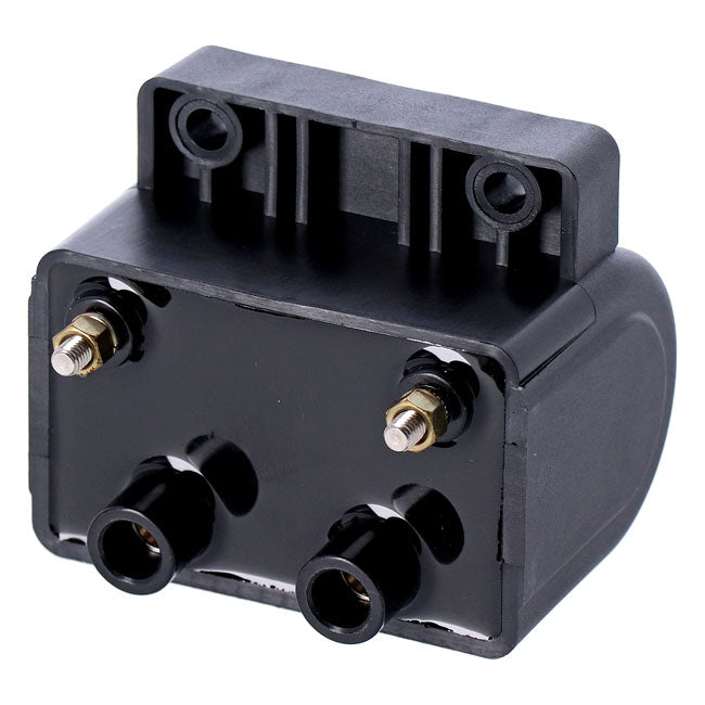 Late OEM style ignition coil. 12v, 4 ohm. Black