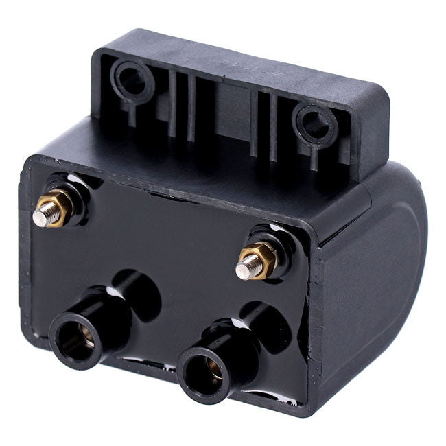 Late OEM style ignition coil. 12v, 5 ohm. Black