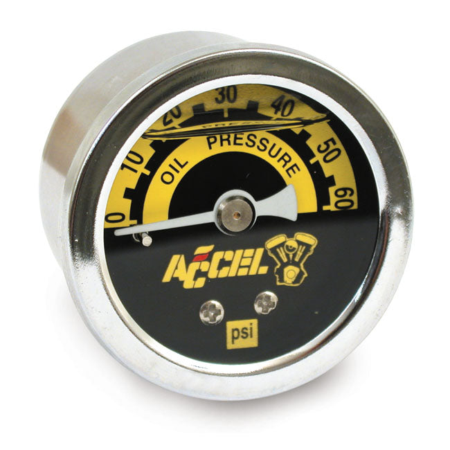 ACCEL, oil pressure gauge, 0-60 PSI. Chrome