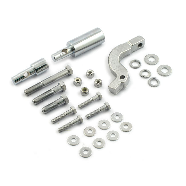 Floorboard mount bracket kit. Chrome — 65-84 4-speed FL; FX with aluminum primary (NU)