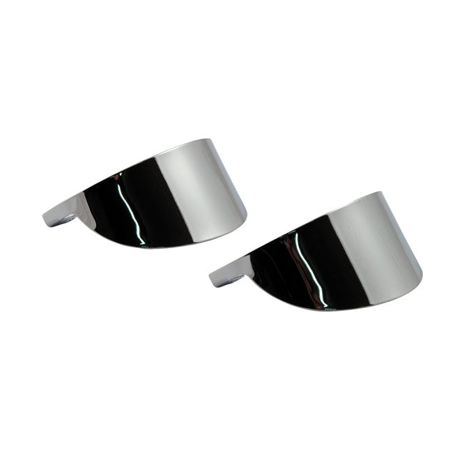 Smooth turn signal visor set. Chrome — Front flat lens: 88-17 FLST; 94-22 FLHR; 07-19 FLHRC; 86-09 FLHT; 86-13 FLHTC; 89-13 FLHTCU; 10-13 FLHTK (NU)