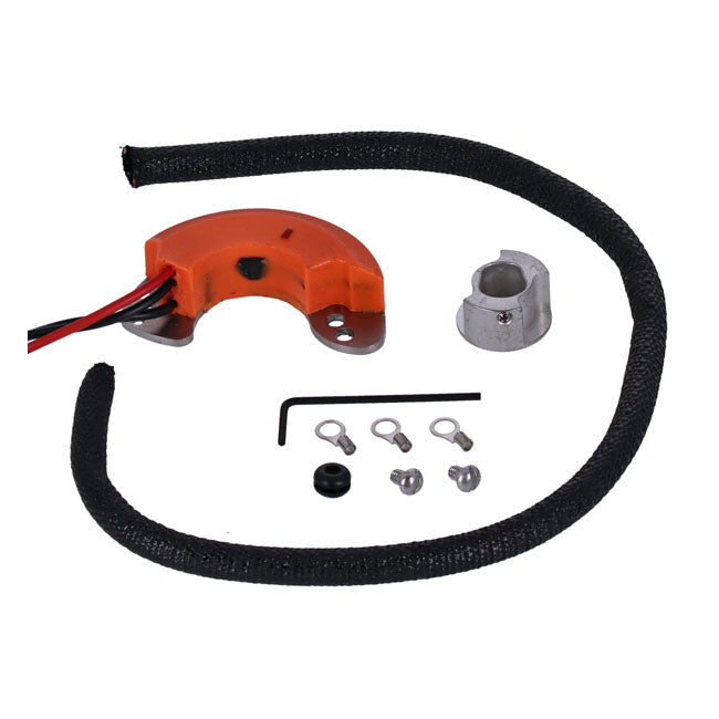 V-Tronic, electronic ignition for 6 & 12V. Hand advance — 48-64 Panhead (Excl. OEM single fire models); 48-73 45" WL and Servi-Car (NU)