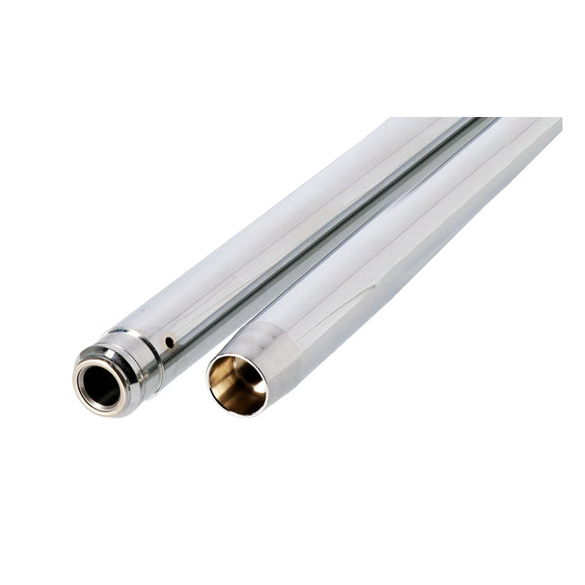 Fork tubes 35mm, 25-1/4". show chrome — +2" overstock: 83-86 XL Sportster; 84-85 FX; 84-86 FXR (NU). Standard length: 83-86 FXRD/T; FXRT; 84-85 FXSB; 85-86 FXRS (NU)