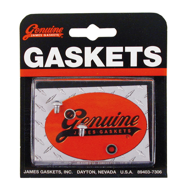 James Gaskets, fork slider drain screws. Chrome button head — 73-13 XL Sportster (Excl. XL883/1200N); 73-86 FX; 82-94 FXR; 91-05 Dyna (Excl. FXDWG) (NU)