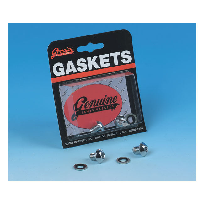 James Gaskets, fork slider drain screws. Chrome button head — L77-84 FL; FLH; 80-86 FXWG; 84-17 Softail (Excl. 00-07 FXSTD/I; 08-11 FXCW/C; 13-17 FXSB); 80-13 FLT/Touring; 93-05 Dyna (NU)