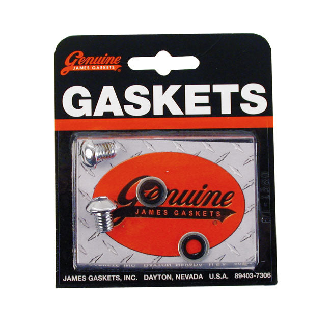James Gaskets, fork slider drain screws. Chrome button head — L77-84 FL; FLH; 80-86 FXWG; 84-17 Softail (Excl. 00-07 FXSTD/I; 08-11 FXCW/C; 13-17 FXSB); 80-13 FLT/Touring; 93-05 Dyna (NU)
