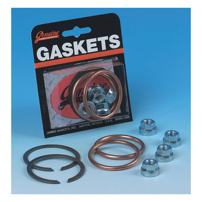 James, exhaust gasket & mount kit. Copper gaskets — 84-26 Big Twin; 86-22 (NU) XL Sportster; 08-12 (NU) XR1200; 87-10 (NU) Buell XB