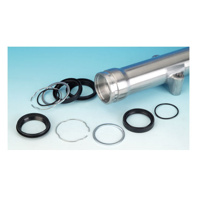 James, fork seal rebuild kit. 49mm fork tubes — 06-17 Dyna (excl. 2017 FXDLX; 12-16 FLD); 08-11 FXCW/C; 13-17 FXSB; 02-11 V-Rod (excl. inverted fork models) (NU)
