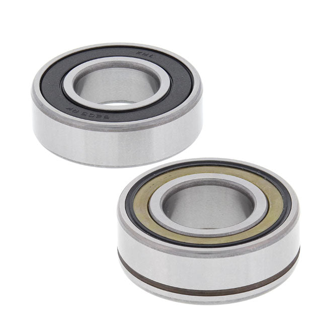 All Balls Racing, wheel bearing set. 25mm ID, ABS models — Front & rear: 08-26 Softail; 08-17 all Dyna; 21-26 RH Sportster; 21-26 RA Pan America; 08-17 (NU) V-Rod with 25mm front axle Front: 08-26 FLT/Touring
