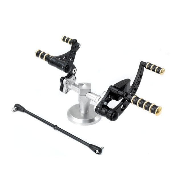 K-Tech, Vintage Style forward controls. Black & brass — 86-99 FXST (NU)