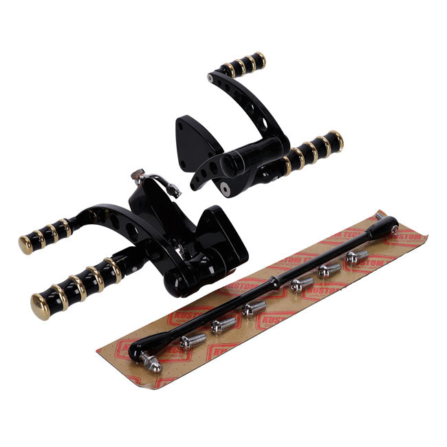 K-Tech, Vintage Style forward controls. Black & brass — 00-17 Softail with custom weld-on jiffy stand (NU)