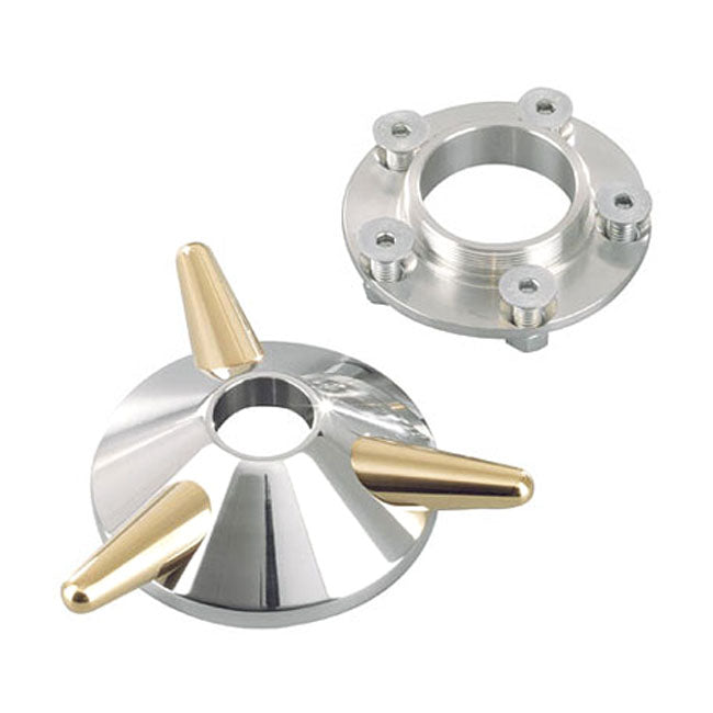 Kustom Tech, spinner wheel hub cover. Aluminum & brass — 00-25 H-D with aftermarket laced & billet wheels (excl. models with open center brake rotors)