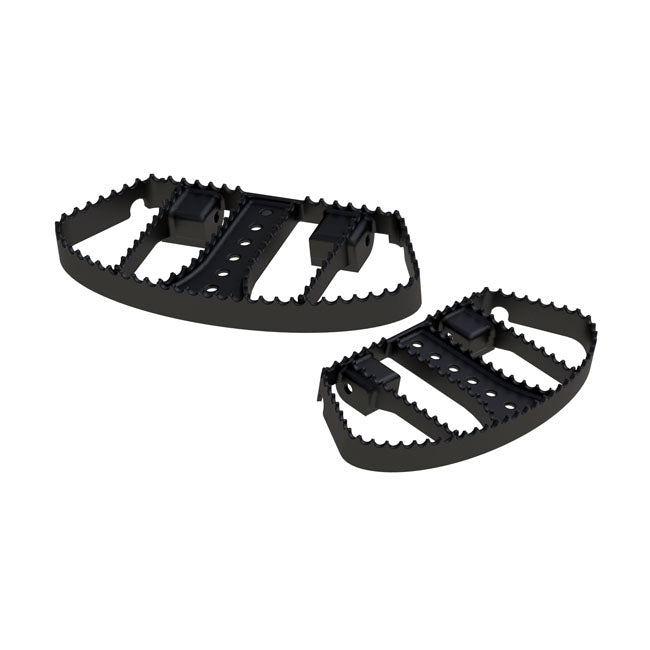 Burly, MX rider floorboards. Black — Rider: 86-17 (NU) FL Softail; 12-16 (NU) Dyna FLD Switchback; 83-26 FLT/Touring (excl. 2025 FLTRXRRSE); 09-26 Trikes