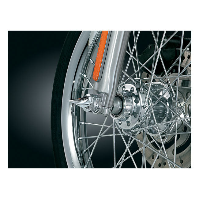 Kuryakyn, Front axle cover set. twisted — 84-06 Softail (Excl. FXSTD & Springer); 80-99 FLT/Touring; 80-86 FXWG; 91-03 Dyna with 39mm forks; 93-05 FXDWG; 88-94 FXRS; 88-07 XL Sportster