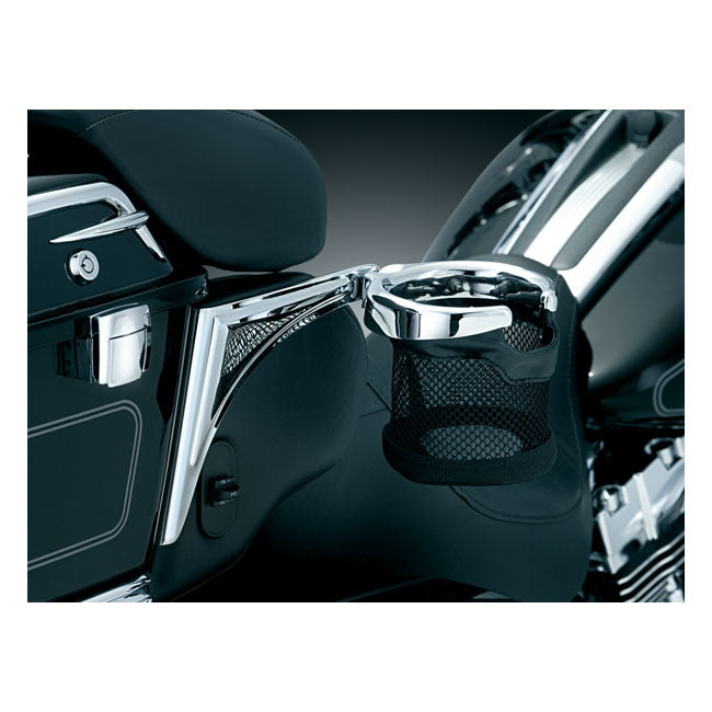 Kuryakyn, Passenger drink holder — 98-13 FLHTCU; 10-13 FLHTK;11-13 FLTRU; 08-13 FLHTCUSE; 09-13 FLHTCUTG; 2011 FLTRUSE. Will not fit 98-13 FLHTC models equipped with accessory rear speaker kit (NU)