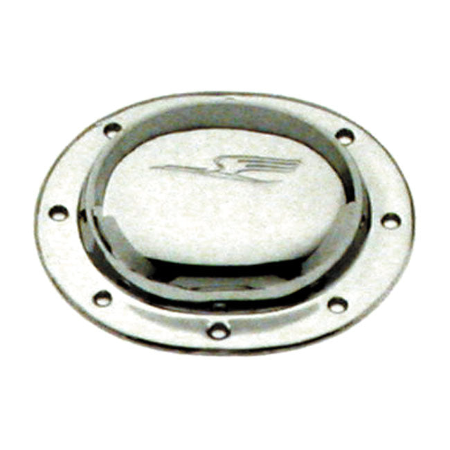 Paughco, derby cover. Chrome. Bird embossed — 36-64 Big Twin (NU)