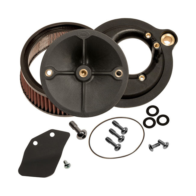 S&S Stealth, air cleaner kit without cover — 18-24 (NU) Softail; 17-25 FLT/Touring (excl. 24-25 FLHX; 2025 FLHXU; 24-25 FLTRX; 23-25 FLHXSE; 23-25 FLTRXSE; 24-25 FLTRXSTSE); 17-25 Trikes. Use with 558651 adapter for OEM air cleaner cover