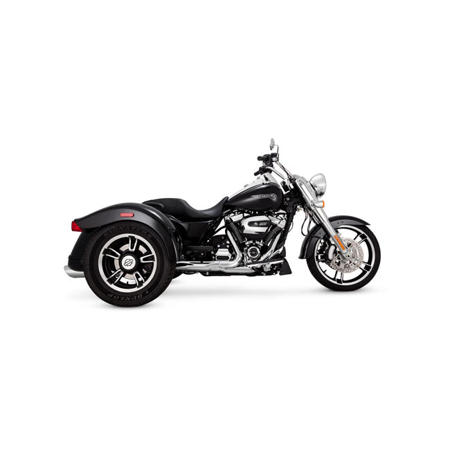 Vance & Hines, 4" Twin Slash Round slip-on mufflers. Chrome — 17-25 (NU) FLRT Freewheeler Trike; 23-26 FLTRT Road Glide 3 Trike. Requires disabling 2nd; down stream O2 sensor(s) of 20-up EU models