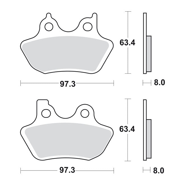 SBS, brake pads. Street Carbon Tech (organic) — Front/rear: 00-07 Big Twin (Excl. FXSTS front); 00-03 XL Sportster; 02-05 V-Rod (NU)