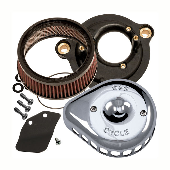 S&S, Mini Teardrop Stealth air cleaner kit. Chrome — 18-24 (NU) Softail; 17-25 FLT/Touring (excl. 24-25 FLHX; 2025 FLHXU; 24-25 FLTRX; 23-25 FLHXSE; 23-25 FLTRXSE; 24-25 FLTRXSTSE); 17-25 Trikes